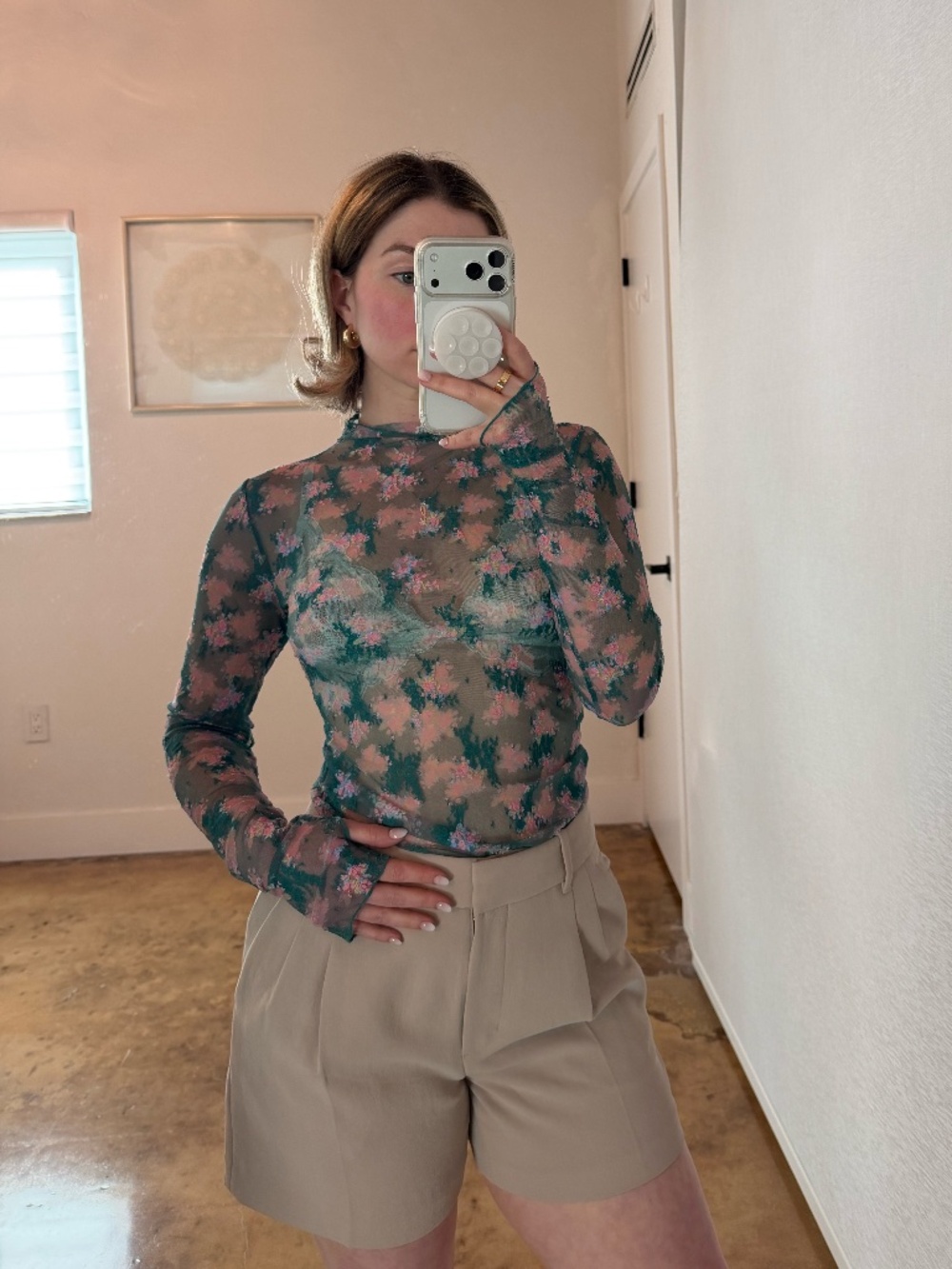Free People Charlie Printed Mesh Top Green Floral Combo